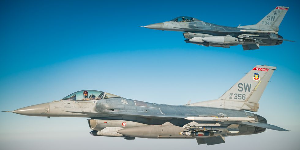 two us air force f 16 fighting falcon aircraft fly over the us air force central command area of responsibility during a mission supporting combined joint task force operation inherent resolve, march 30, 2021 the f 16 fighting falcon aircraft is a compact, multirole fighter aircraft that delivers airpower to the us central command area of responsibility cjtf oir enables its partners to ensure the enduring defeat of isis in designated areas of iraq and syria and sets conditions for follow on operations to increase regional stability us air force photo by staff sgt trevor t mcbride