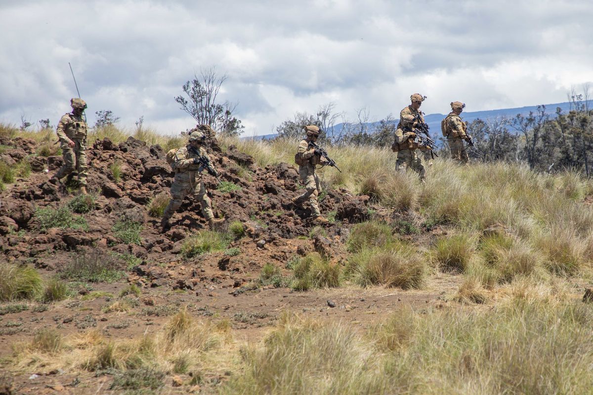 infantrymen assigned to 2nd battalion, 35th infantry regiment, 3rd infantry brigade combat team, 25th infantry division conduct squad live fire training lanes during a rotation to pohakuloa training area on hawaii island on april 27, 2021 throughout the lane the soldiers made use of suppressors on their m4 carbines to help shield the noise of their initial contact with enemy targets us army photo by staff sgt alan brutus