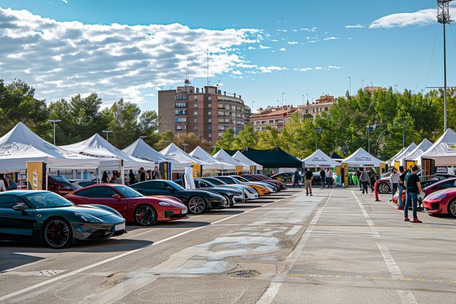 a group of cars parked in a parking lot with tents and people
