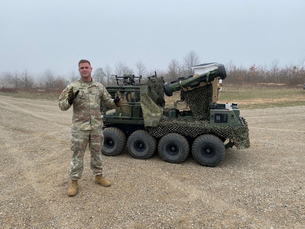 sgt 1st class richard dyal, a company, 1 28th infantry, 3rd infantry division, fort benning, georgia, speaks about the additional level of lethality that robotic combat vehicles can bring to light forces following a live fire exercise at camp grayling, michigan, april 28, 2021
