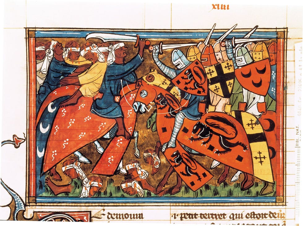 Strijd tussen christenen en moslims 14de eeuwse miniatuur Over de tempeliers deden voor Middeleeuwse oren verschrikkelijke geruchten de ronde Zo zouden ze te vriendschappelijk zijn omgegaan met hun moslimburen Er werd zelfs gezegd dat de christelijke ridders geheime vergaderingen hielden waarin hun door moslimgeleerden geheime kennis werd doorgegeven Uit de schriftelijke bronnen uit deze periode komt echter een tegengesteld beeld naar voren In de christelijke kronieken worden de ridders verheven gepresenteerd terwijl hun islamitische tegenpolen een duister beeld afschilderen waarin de Orde van de Tempeliers de ergste vijand van de islam in het MiddenOosten wordt genoemd