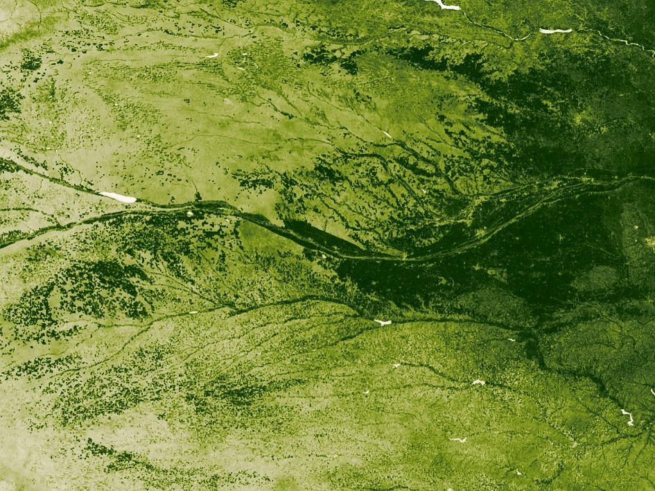 Ruimte lange de rivier Landbouwgrond glooit aan weerszijden van de rivier de Platte midden die door de staat Nebraska in de Amerikaanse Midwest stroomt Deze afbeelding werd samengesteld uit verschillende satellietbeelden gemaakt tussen 22 en 28 juli 2012De regio is verantwoordelijk voor zon veertig procent van de jaarlijkse masproductie in de VS volgens gegevens van de NOAA