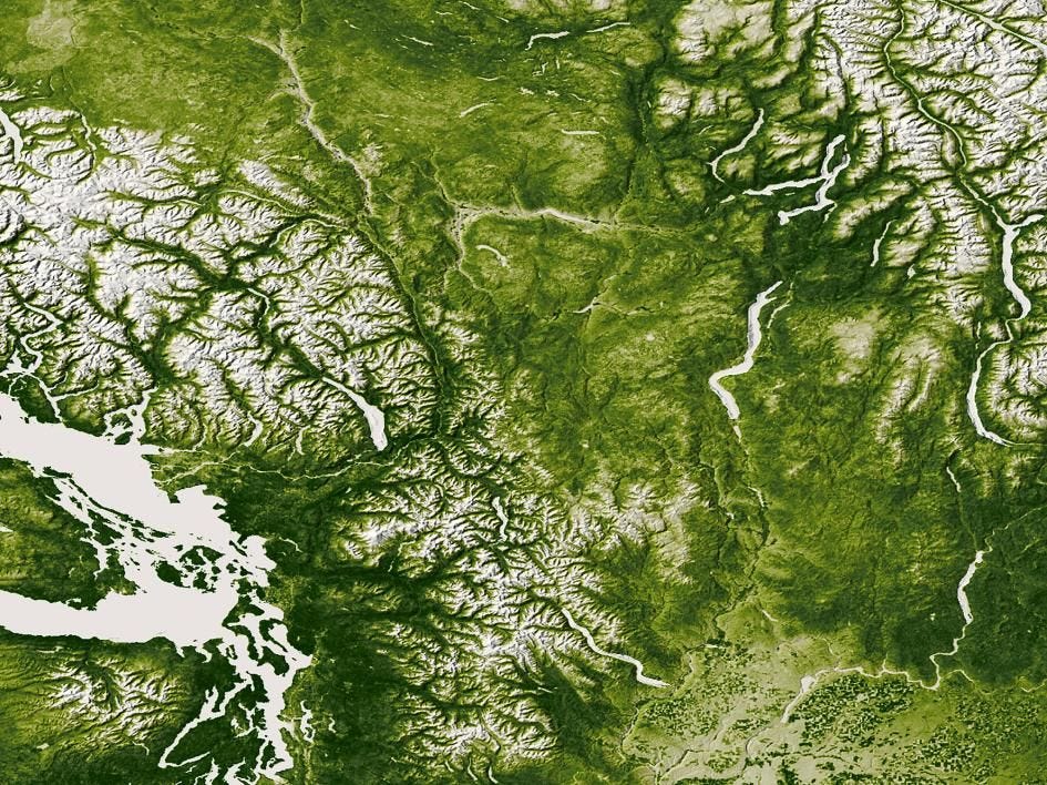 http://news.nationalgeographic.com/content/dam/news/photos/000/685/68579.ngsversion.1422291899545.adapt.945.1.jpg Hoge pieken De bergketens van de Rocky Mountains de Cascade Range en de Coast Mountains van het noordwesten van de VS lijken op onderdelen van de menselijke hersenen in deze afbeelding die werd samengesteld uit meerdere satellietbeelden gemaakt tussen 11 en 17 juni 2012De witte gebieden duiden hoger gelegen gebieden met minder vegetatie aan Midden onderaan de foto zijn aardappelvelden en andere akkers te zien waar de Rockies plaatsmaken voor de plains van Idaho