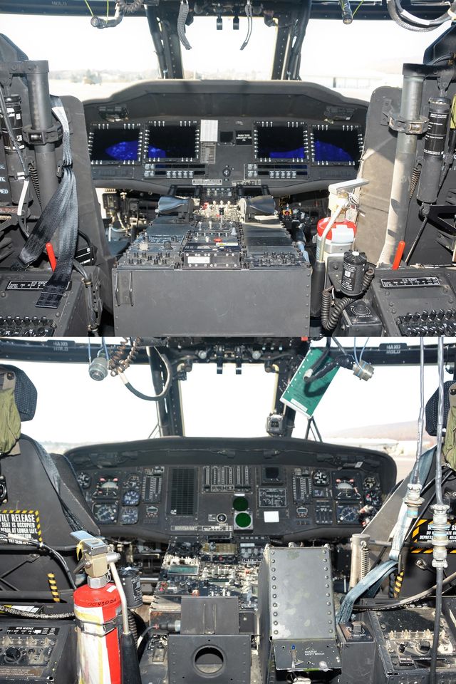 this photo illustration shows the difference between uh 60v black hawk helicopter control panel top and uh 60l control panel bottom the victors have several technological advancements that make them easier to operate than older variants, including a digital glass cockpit photos by brad rhen
