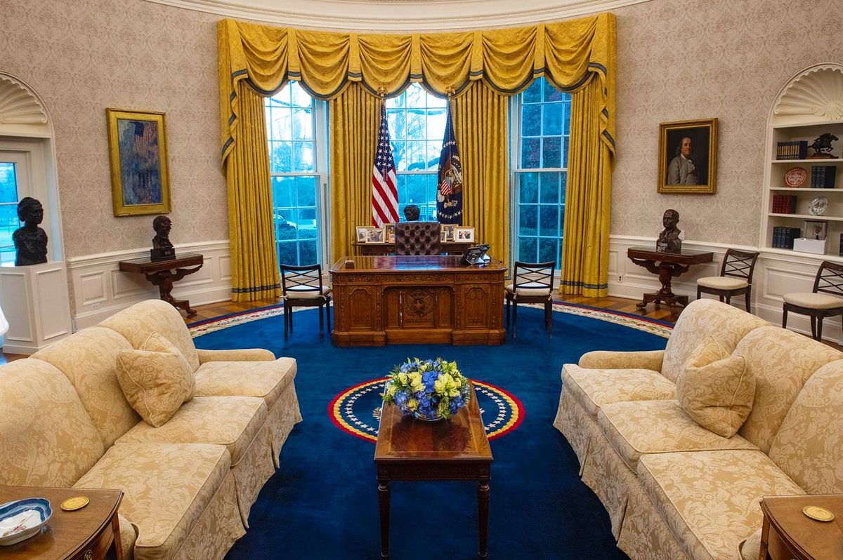 president joe biden's oval office in the white house, as seen on inauguration day 2021