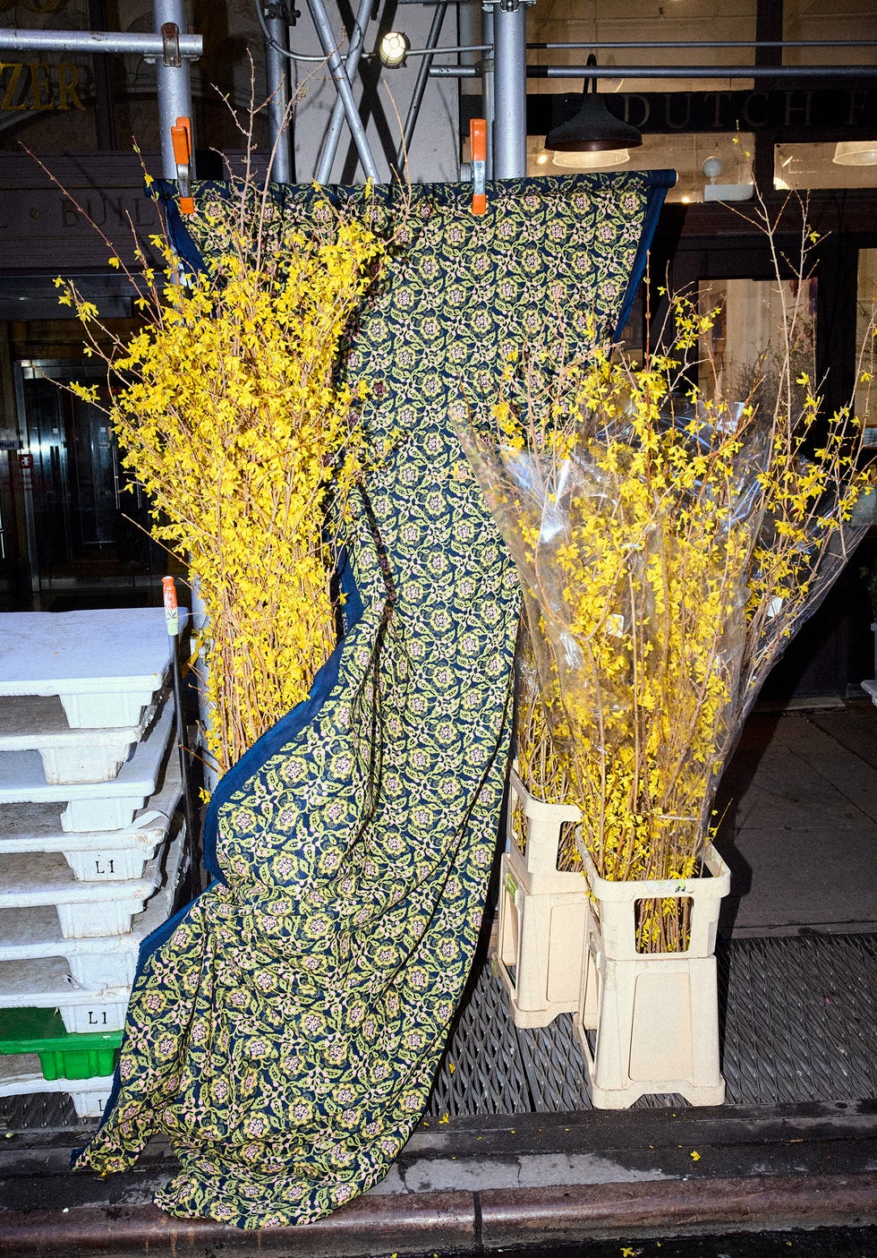 Display of vibrant yellow branches alongside a patterned fabric backdrop