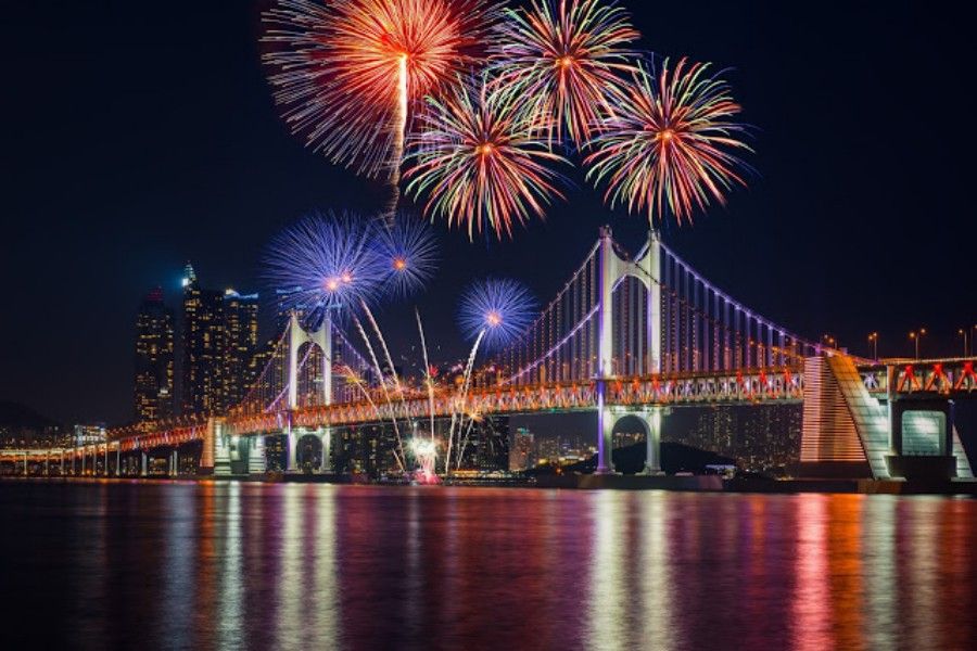 Fireworks, Reflection, Bridge, Landmark, Night, Metropolitan area, Cityscape, Light, Sky, River, 