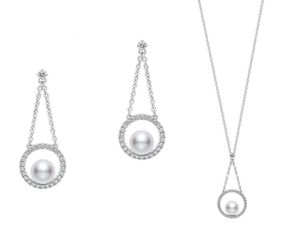 mikimoto circle系列鑽石珍珠吊墜耳環、長墜鍊。