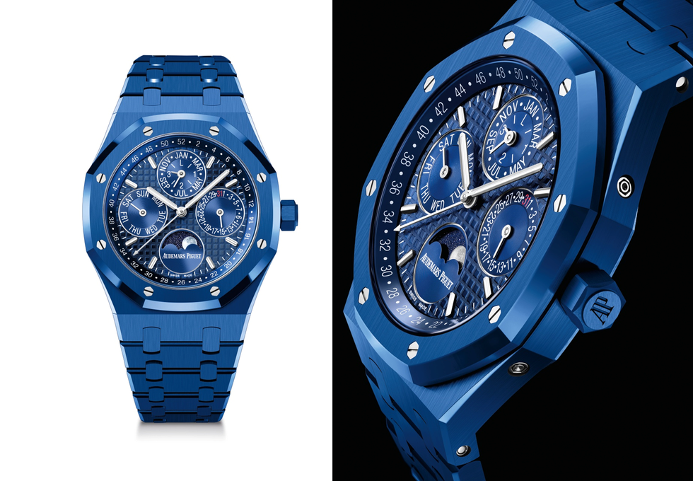 瑞士高級製錶audemars piguet愛彼今年歡慶royal oak皇家橡樹系列50週年，推出首款以藍色陶瓷打造的royal oak皇家橡樹系列萬年曆腕錶