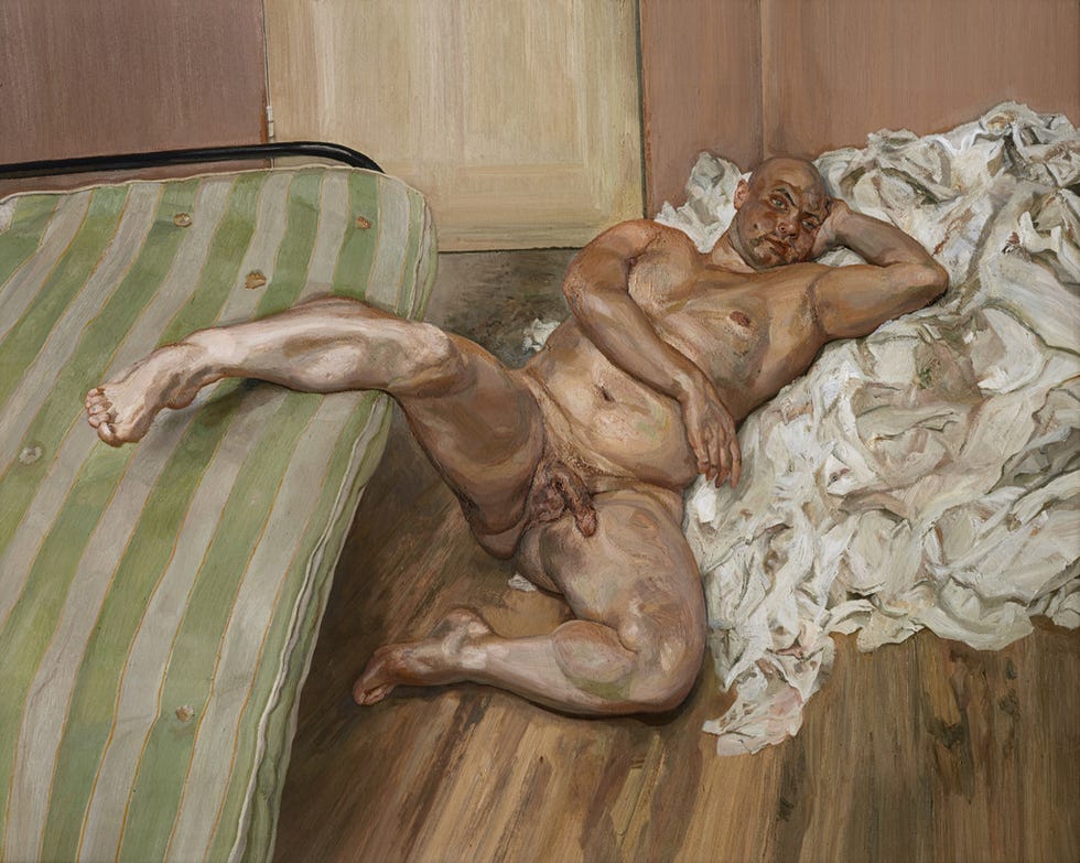 742116 nude with leg up (leigh bowery) 1992 (oil on canvas) by freud, lucian (1922 2011); private collection; © the lucian freud archive; english, in copyright.please note: this image is protected by artist's copyright which needs to be cleared by you. if you require assistance in clearing permission we will be pleased to help you. in addition, we work with the owner of the image to clear permission. if you wish to reproduce this image, please inform us so we can clear permission for you.