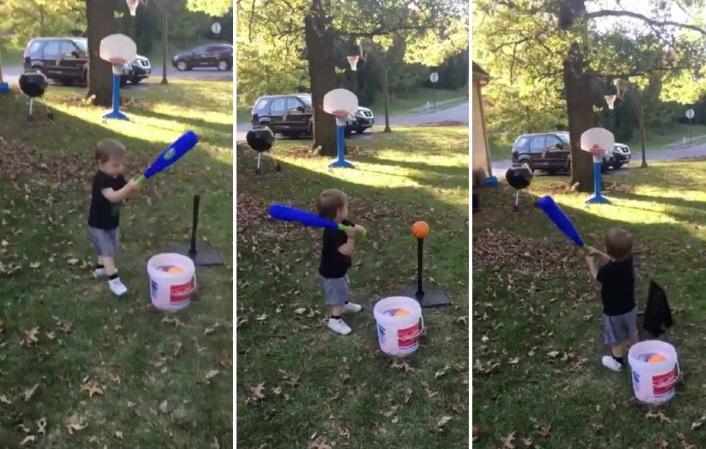2 year old sinks basketball shot