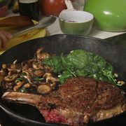 steak and mushroom with garlic spinach