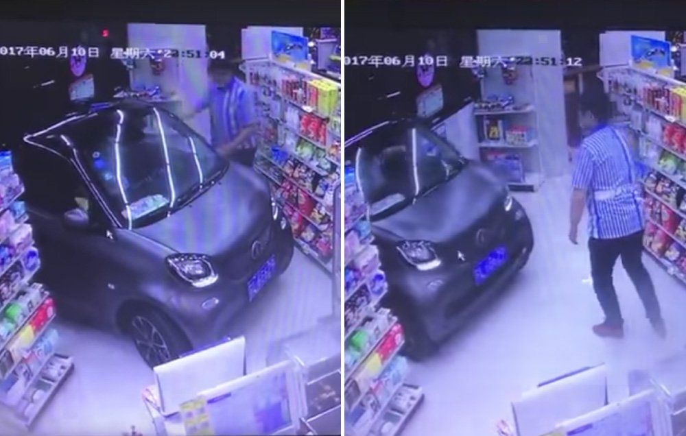 man drove car through store