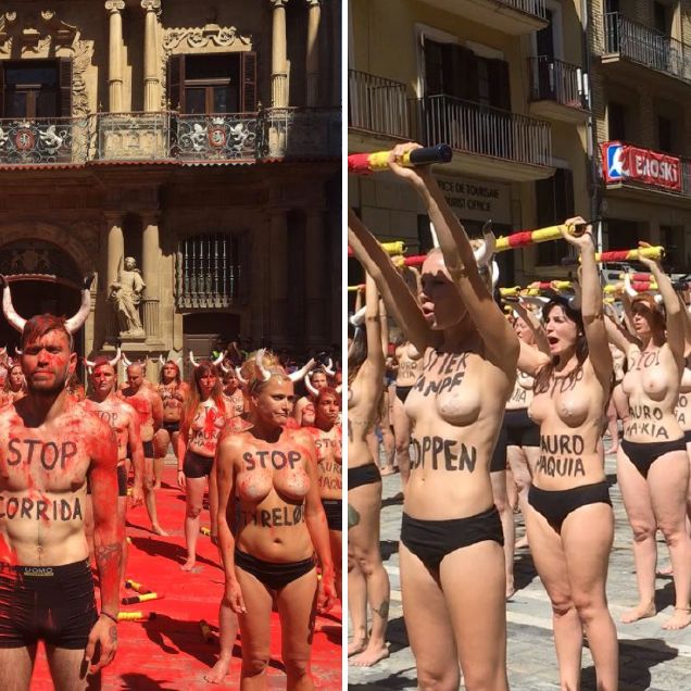 topless protestors protest bullfighting