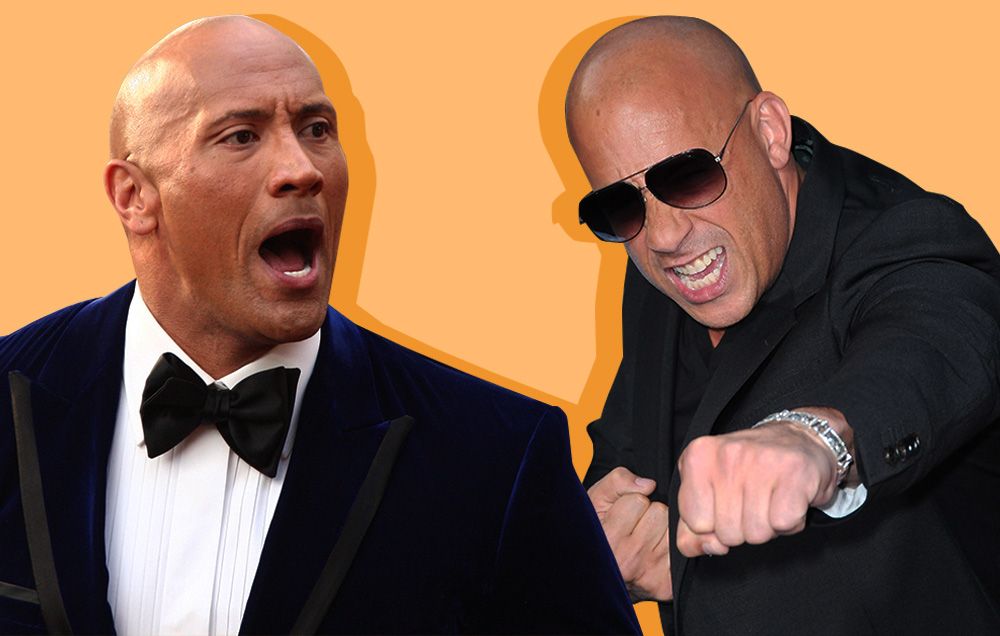 vin diesel as dwayne johnson flexing and yelling let's