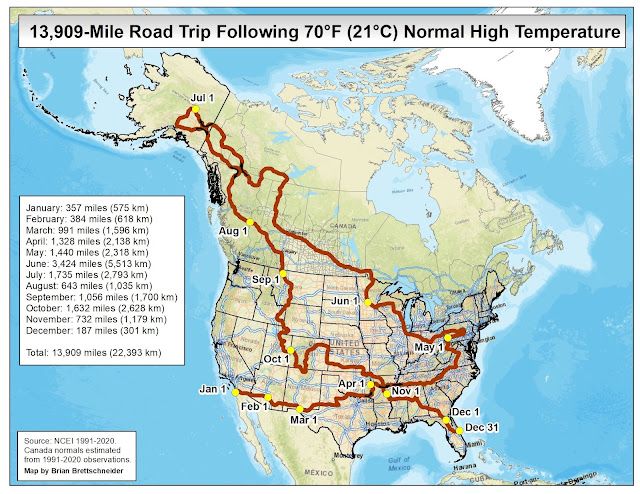 70 degree road trip map with canada