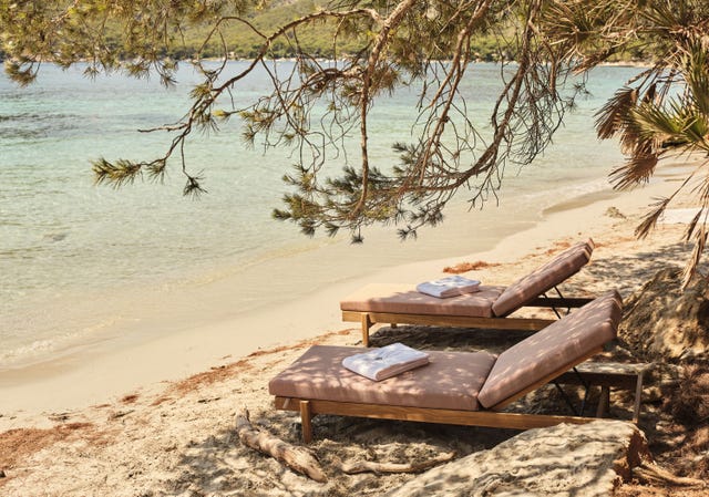 Two sun loungers set on a sandy beach under a tree.