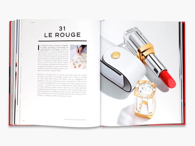 page from a fashion book featuring a lipstick and a cosmetic object