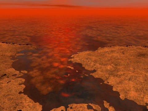 KUNSTENAARSIMPRESSIE HOE DE KOOLWATERSTOFZEEN OP TITAN ER MISSCHIEN UITZIEN MET SUPER DIEPGEVROREN IJSBERGEN