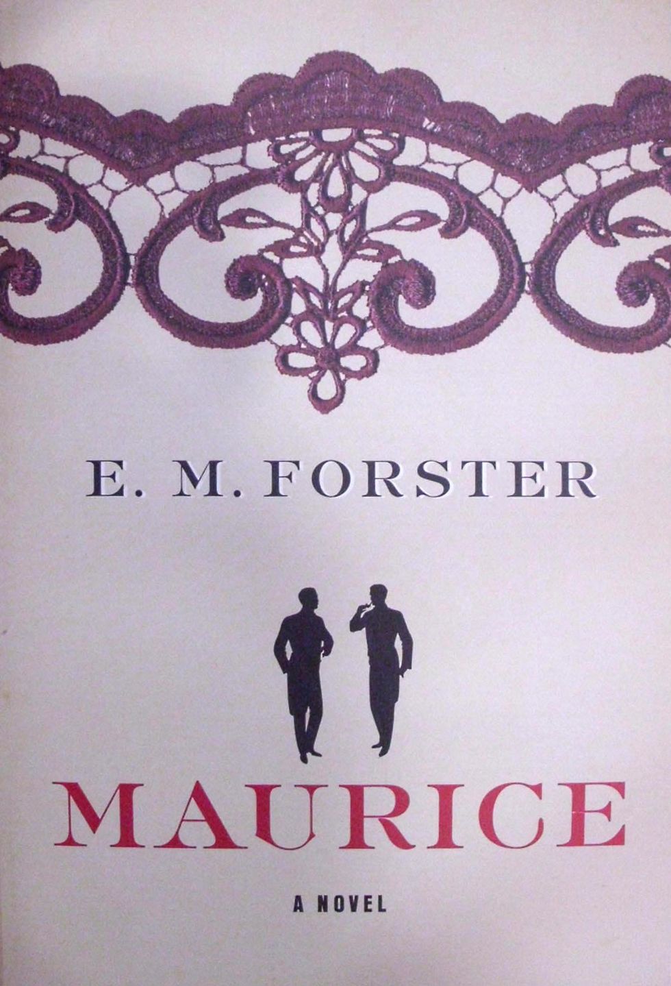 maurice by em forster cover featuring the silhouette of two dapper men talking below a giant purple piece of lace