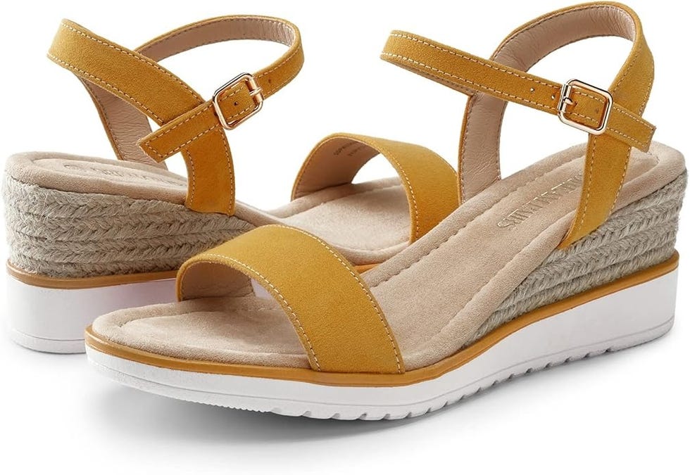 stylish yellow wedge sandals with adjustable straps