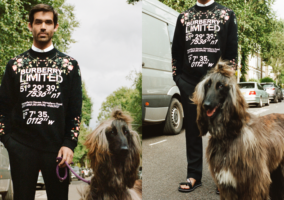 burberry員工穿著玫瑰花朵圖案衛衣於家門前與寵物狗一起拍攝