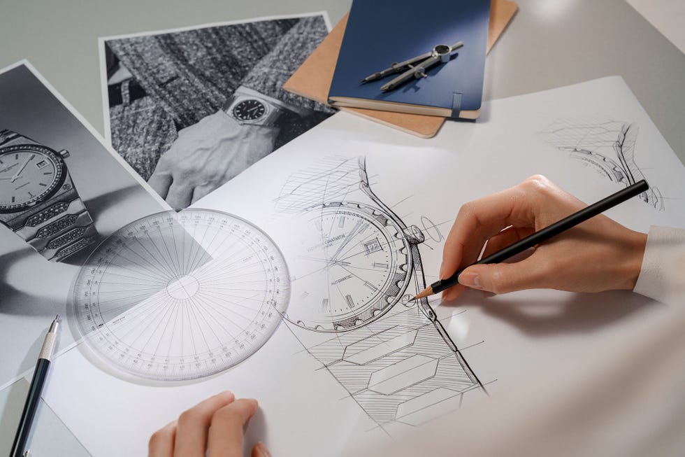 Sketching a watch design with reference images and drafting tools
