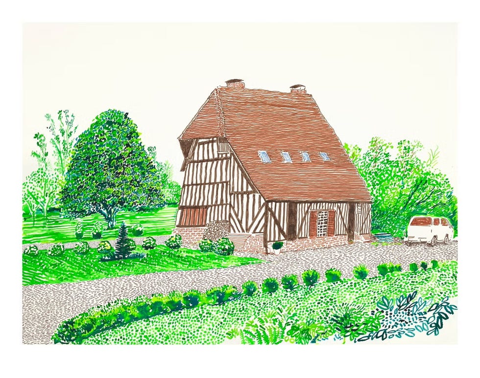 Rustic house surrounded by greenery and a driveway.