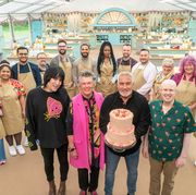 group photo of bakers, presenters and judges l to r back maisam, syabira, abdul, william, james, sandro, maxy, kevin, janusz, dawn, carole, rebs front noel fielding, prue leith, paul hollywood, matt lucas