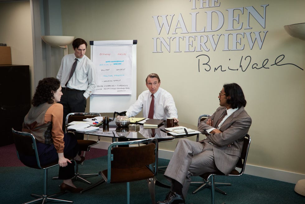 pictured l r emma sidi as sue richardson, ross armstrong as john wakefield, steve coogan as brian walden and gurjeet singh as vinay ahmed