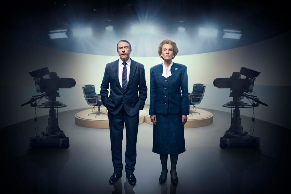 pictured steve coogan as brian walden and harriet walter as margaret thatcher