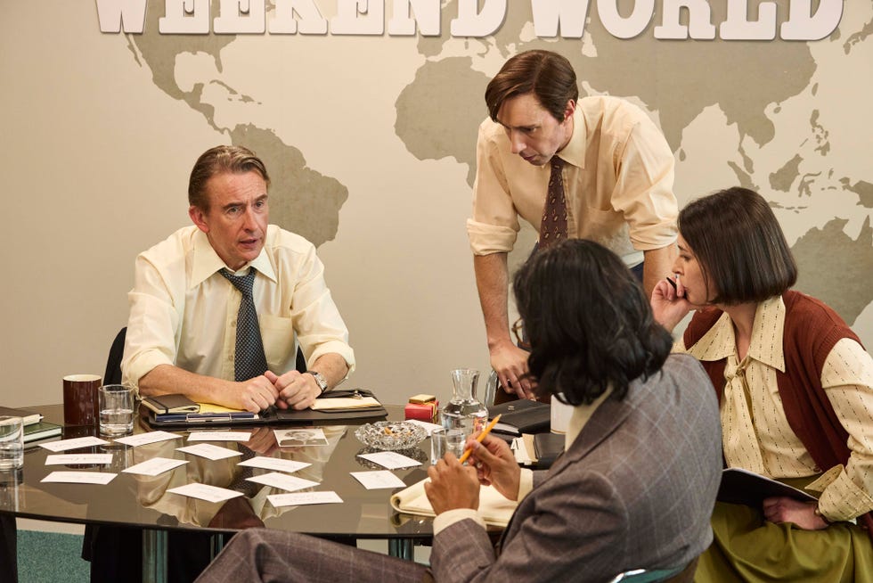 pictured steve coogan as brian walden, ross armstrong as john wakefield, emma sidi as sue richardson and karan gill as vinay ahmed