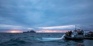 sailors assigned to explosive ordnance disposal group 2 recover a high altitude surveillance balloon off the coast of myrtle beach, south carolina, while the harpers ferry class dock landing ship uss carter hall lsd 50 transits nearby, feb 5, 2023 eodgru 2 is a critical part of the navy expeditionary combat force that clears explosive hazards to provide access to denied areas secures the undersea domain for freedom of movement builds and fosters relationships with trusted partners, and protects the homeland at the direction of the president of the united states and with the full support of the government of canada, us fighter aircraft under us northern command authority engaged and brought down a high altitude surveillance balloon within sovereign us airspace and over us territorial waters feb 4, 2023 active duty, reserve, national guard, and civilian personnel planned and executed the operation, and partners from the us coast guard, federal aviation administration, and federal bureau of investigation ensured public safety throughout the operation and recovery efforts us navy photo by mass communication specialist 1st class tyler thompson