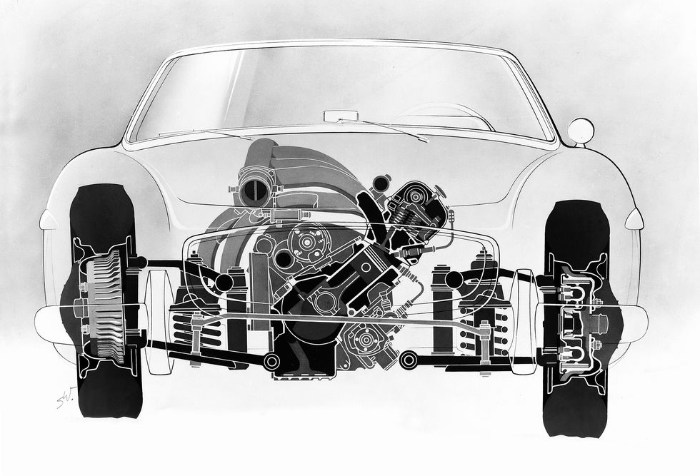mercedes benz typ 300 sl w 198 i, 1954 bis 1957, durchsichtzeichnung mit motor einbaulage mercedes benz 300 sl w 198 i, 1954 to 1957, phantom view with engine in mounted position