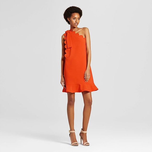 Orange One Shoulder Dress with Bow and Scallop Trim