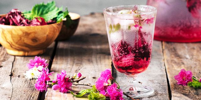 Drink, Flower, Alcoholic beverage, Plant, Highball glass, Glass, Red wine, Wine cocktail, Cocktail, Petal, 