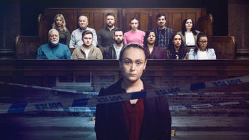 pictured: top row (l r) kate, david, dan h, aimee, zoran, rebecca, bottom row (l r) tommy, james, dan a, joanne, stacey and marissa., centre frame, defendant sophie 
