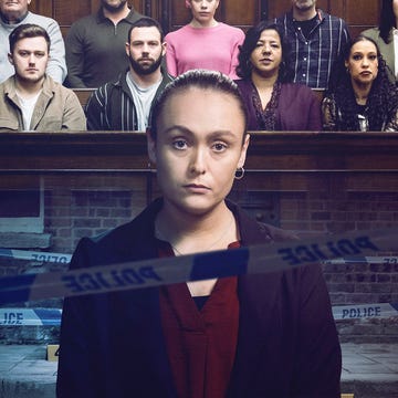 The Jury: Murder Trial pictured: top row (l r) kate, david, dan h, aimee, zoran, rebecca, bottom row (l r) tommy, james, dan a, joanne, stacey and marissa., centre frame, defendant sophie