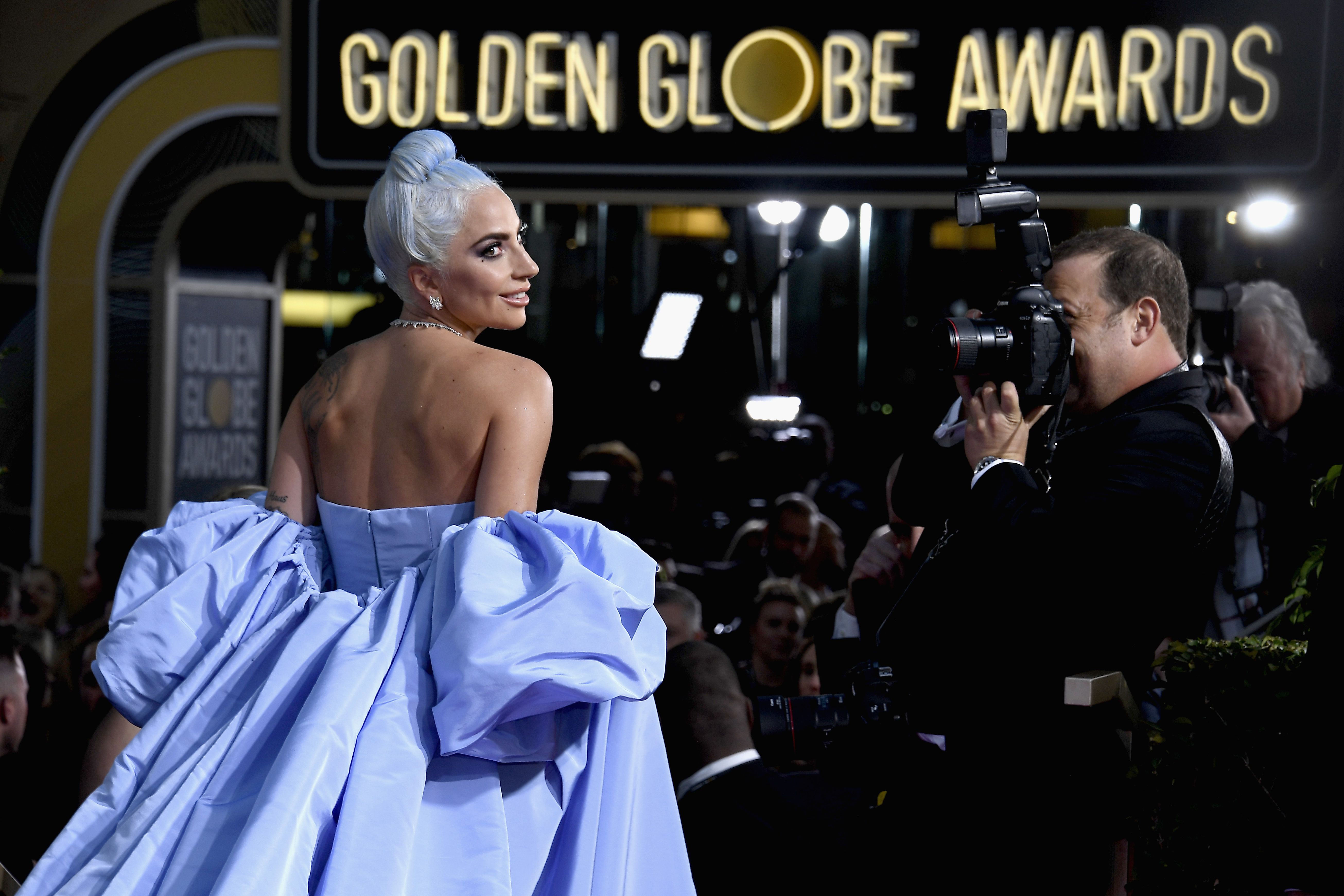 Lady Gaga Wears Blue Cinderella Dress to Golden Globes 2019 Red Carpet