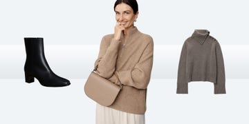 Fashion ensemble featuring a person in a beige knit sweater, black heeled boots, and a beige handbag, alongside a gray cropped sweater.