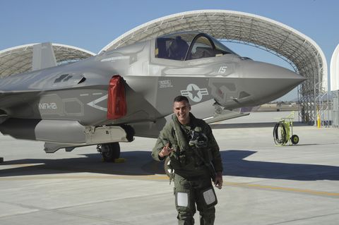 us marine maj aric liberman, pilot of the f 35b with marine fighter attack squadron 121 vmfa 121, greet the media and fellow service members on marine corps air station yuma, ariz, nov 16, 2012 vmfa 121 is the nation's first home for the f 35b aircraft u s marine corps photo by cpl ken kalemkarianreleased
