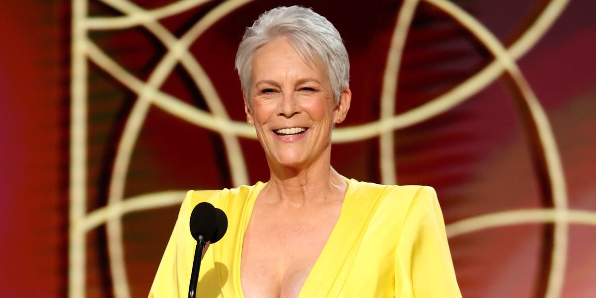 Jamie Lee Curtis Rocks Gray Hair, Plunging Gown at Golden Globes 2021