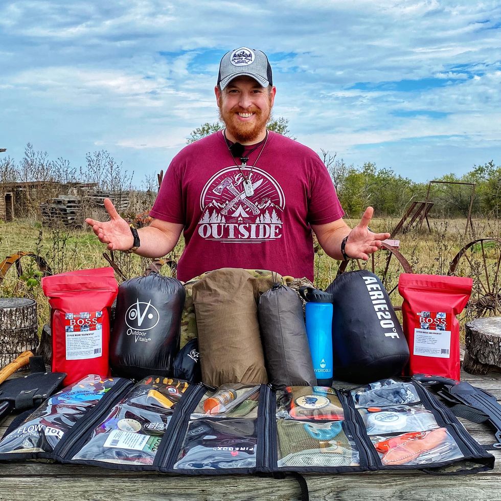 survivalist chris thorn with his survival equipment