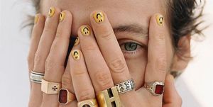 Finger, Nail, Ring, Hand, Manicure, Yellow, Nail care, Skin, Nail polish, Fashion accessory, 