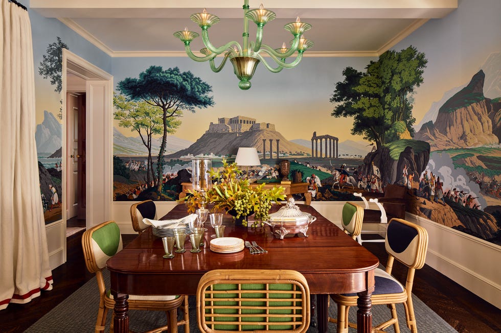 Dining room featuring classical mural and elegant decor