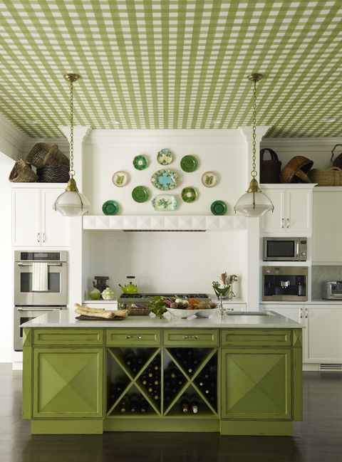 Green, Room, Kitchen, Ceiling, Interior design, Furniture, Cabinetry, Countertop, Tile, Property, 