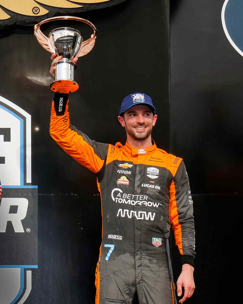 alexander rossi, driver of the 7 arrow mclaren chevrolet indycar v6 celebrates his third place finish saturday, may 13, 2023, during the ntt indycar series gmr grand prix at the indianapolis motor speedway road course in indianapolis, indiana photo by michael l levittlat for chevy racing