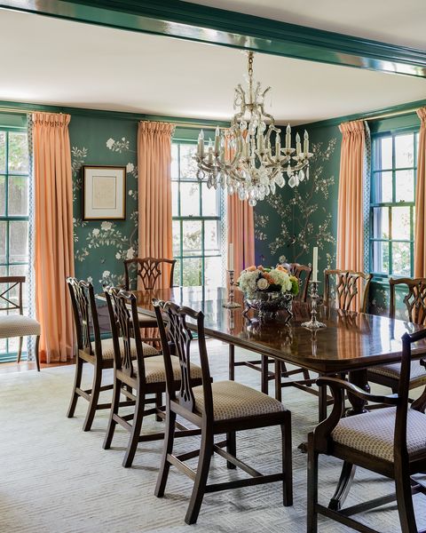 Dining room, Room, Furniture, Table, Green, Property, Interior design, Kitchen & dining room table, Chair, Building, 