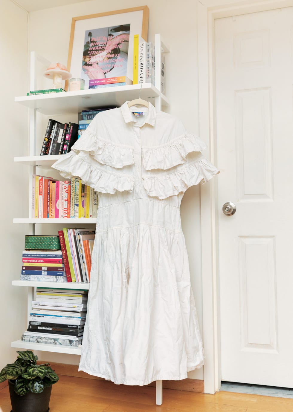 White, Clothing, Pink, Room, Dress, Shelf, Furniture, Outerwear, Shelving, Fur, 