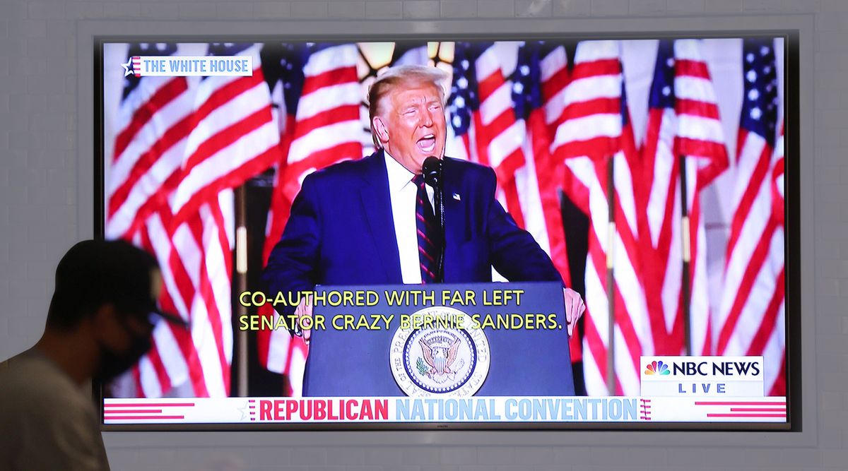 los angeles, california   august 27 us president donald trump is shown on a television screen inside a mostly empty terminal 6 at los angeles international airport lax as he speaks at the republican national convention on august 27, 2020 in los angeles, california trump appeared each night during the four day convention which was held mostly in washington due to the covid 19 pandemic photo by mario tamagetty images